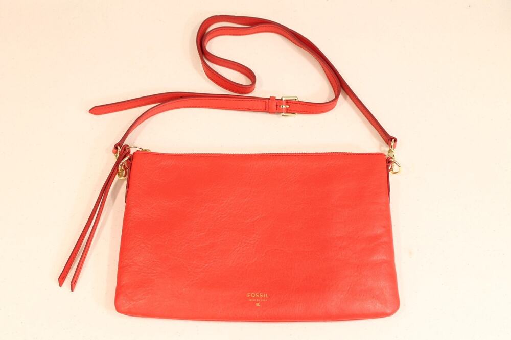 Fossil Cowhide Leather Sydney Crossbody Top Zip Bag Purse Red Gold Tone Hardware